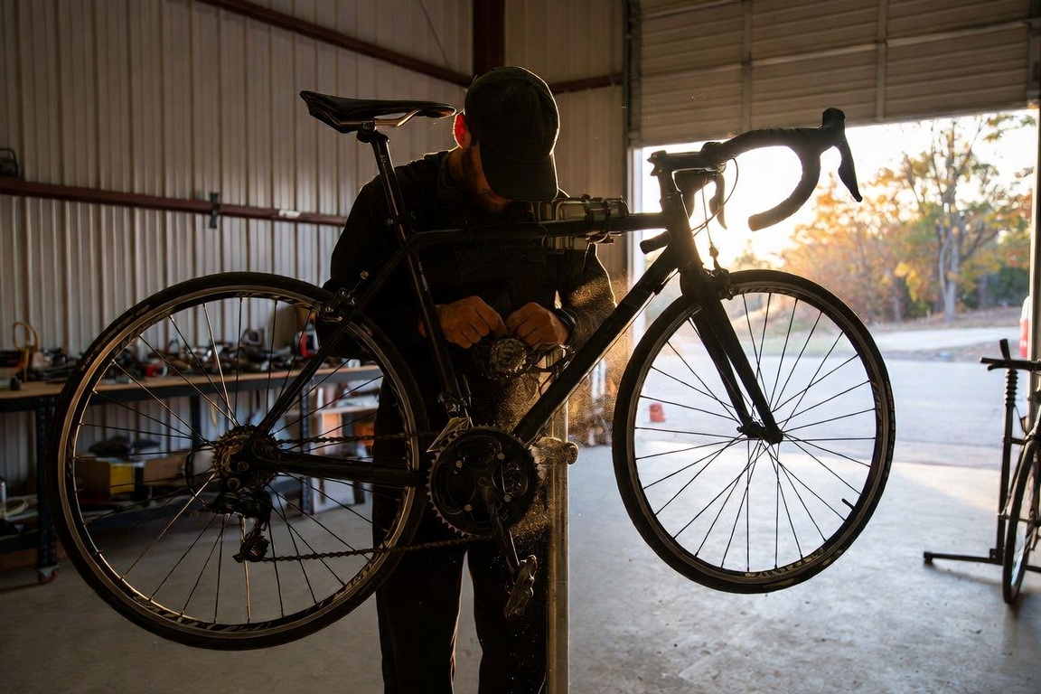 Bicycle mechanic in a workshop working on a road bike in a repair stand, cleaning the chain and crank while autumn light comes through the open garage door.