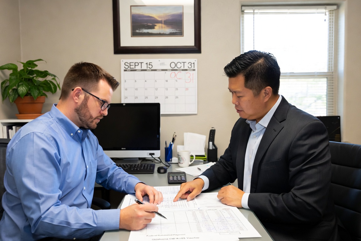 Bookkeeper and business owner at an Oklahoma City office desk reviewing a federal estimated-tax payment and Oklahoma OW-8-ES voucher, with a wall calendar highlighting September 15 and October 31.
