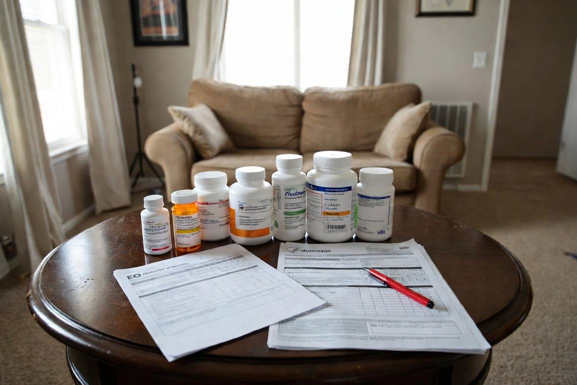 Prescription bottles lined up on a living-room coffee table next to printed benefit forms and a red pen.