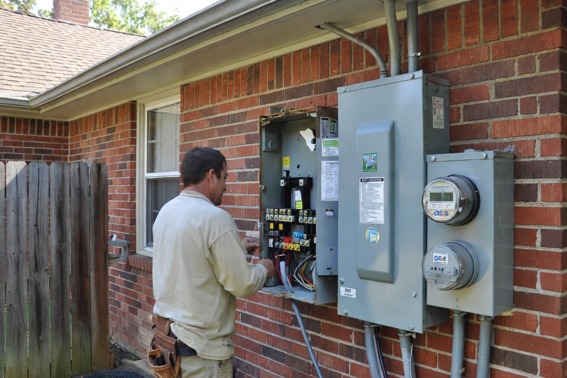 Electrician working inside an outdoor electrical panel on a brick house, with a neighboring service cabinet and OG&E electric meters mounted on the wall.