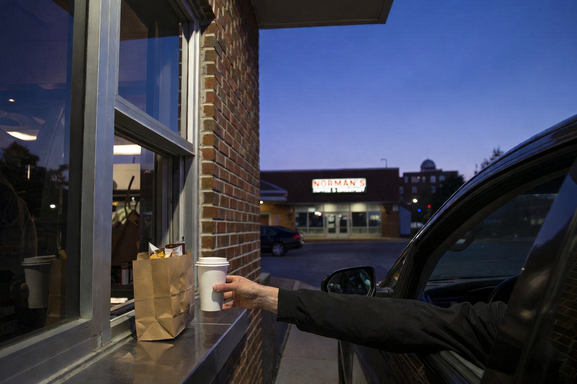 Driver’s hand taking a coffee cup from a brick drive-thru window at dawn, with a paper bag of breakfast on the ledge and a Norman street behind the car.