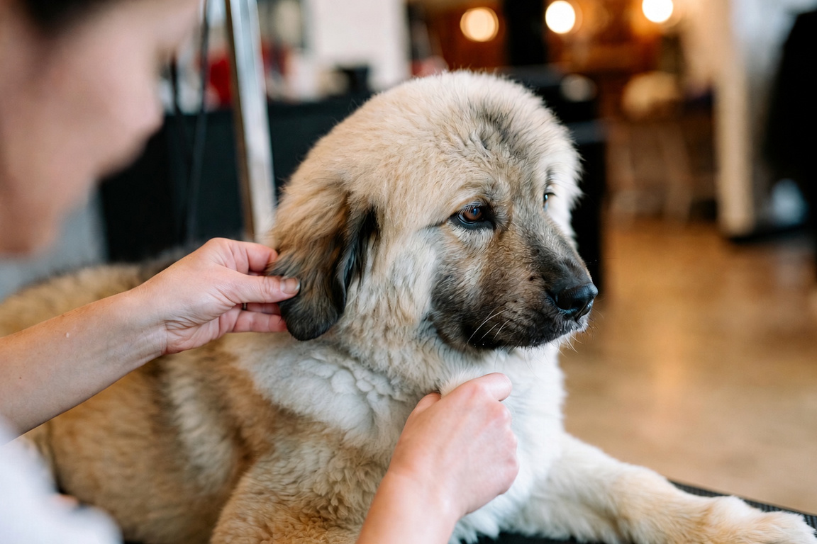 Groomer’s hands examining the ears and thick cream-colored coat of a large fluffy dog lying on a grooming table in a softly lit salon.