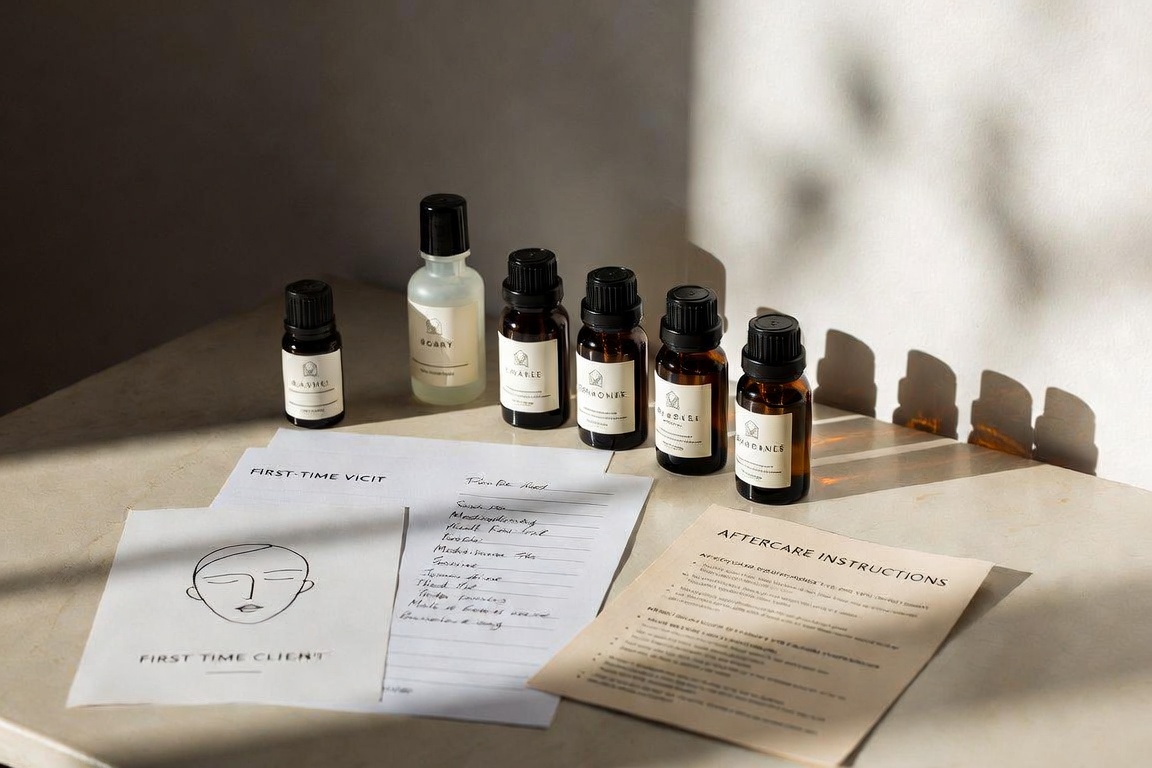 Sunlit table with a first-time client face chart, handwritten treatment notes, aftercare instructions, and small amber bottles.