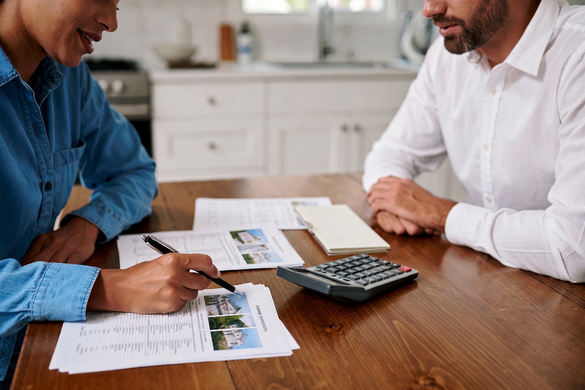 Two people at a kitchen table reviewing printed home listings and comparable sales with a calculator between them.