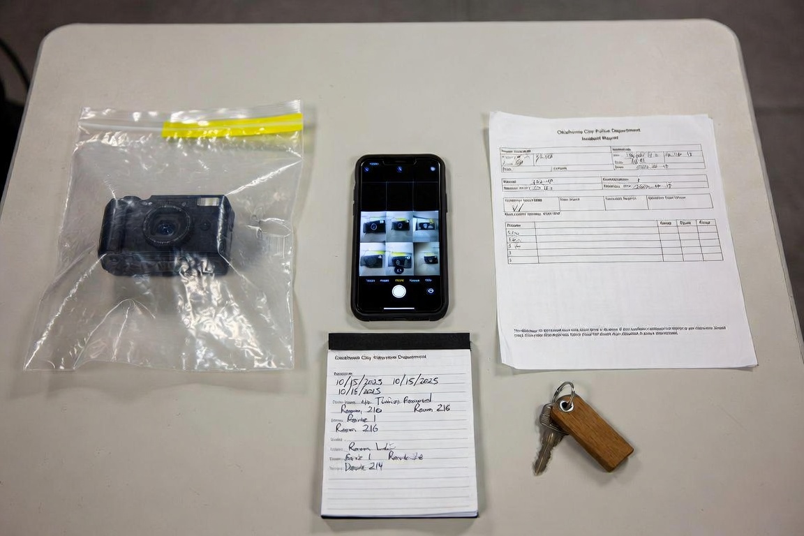 Evidence laid out on a table: a miniature camera in a plastic bag, a phone showing photos of the device, an Oklahoma City Police Department incident report, handwritten room notes, and a set of keys.