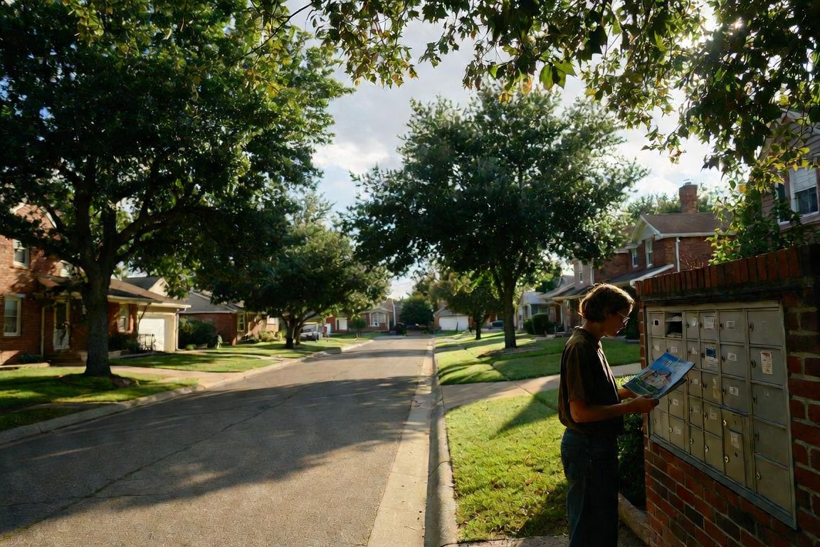Person standing at a brick cluster of mailboxes on a tree-lined Oklahoma residential street, reading a slim neighborhood magazine in late-afternoon light.